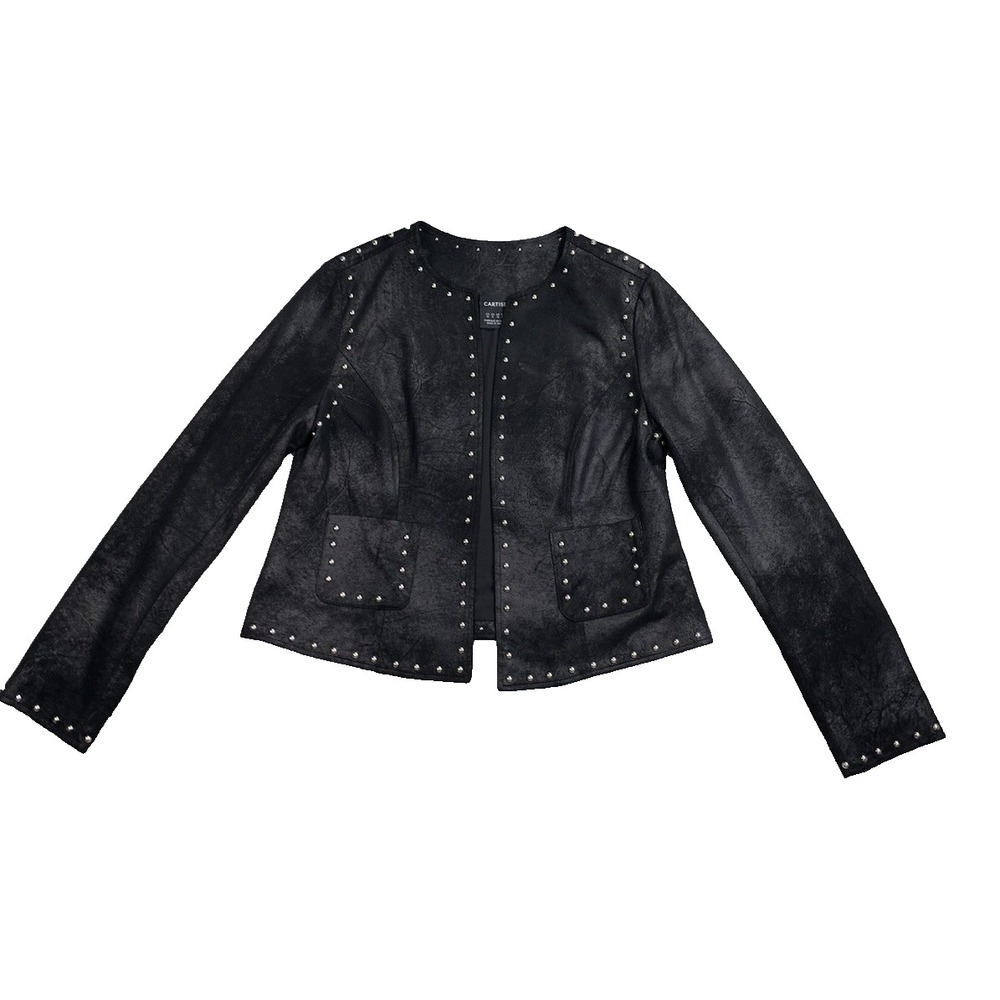 Cartise Black Studded Faux Suede Jacket Womens 8 Open Front Edgy Moto Style - Picture 2 of 10